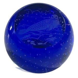 Vintage Caithness Seal Cobalt Blue Clear Controlled Bubble Art Glass Paperweight